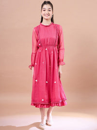 pspeaches Girls Round Neck Puff Sleeves Fit & Flare Midi Dress