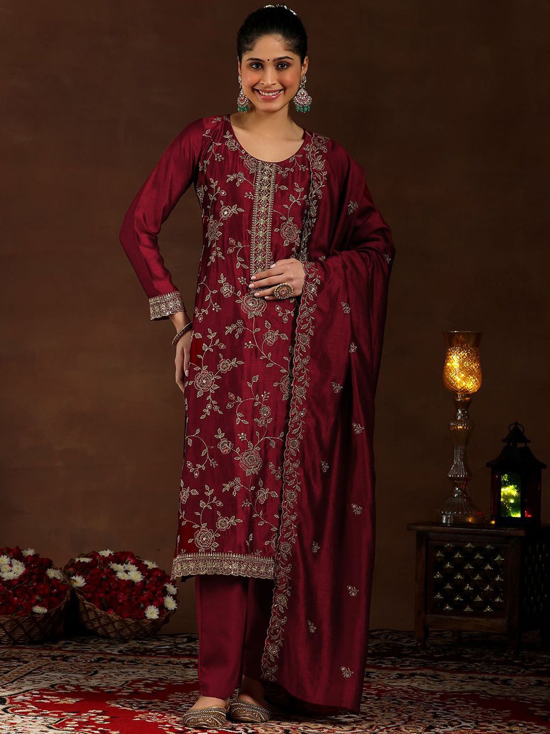 Libas Women Embroidered Regular Sequinned Kurta with Trousers & With Dupatta