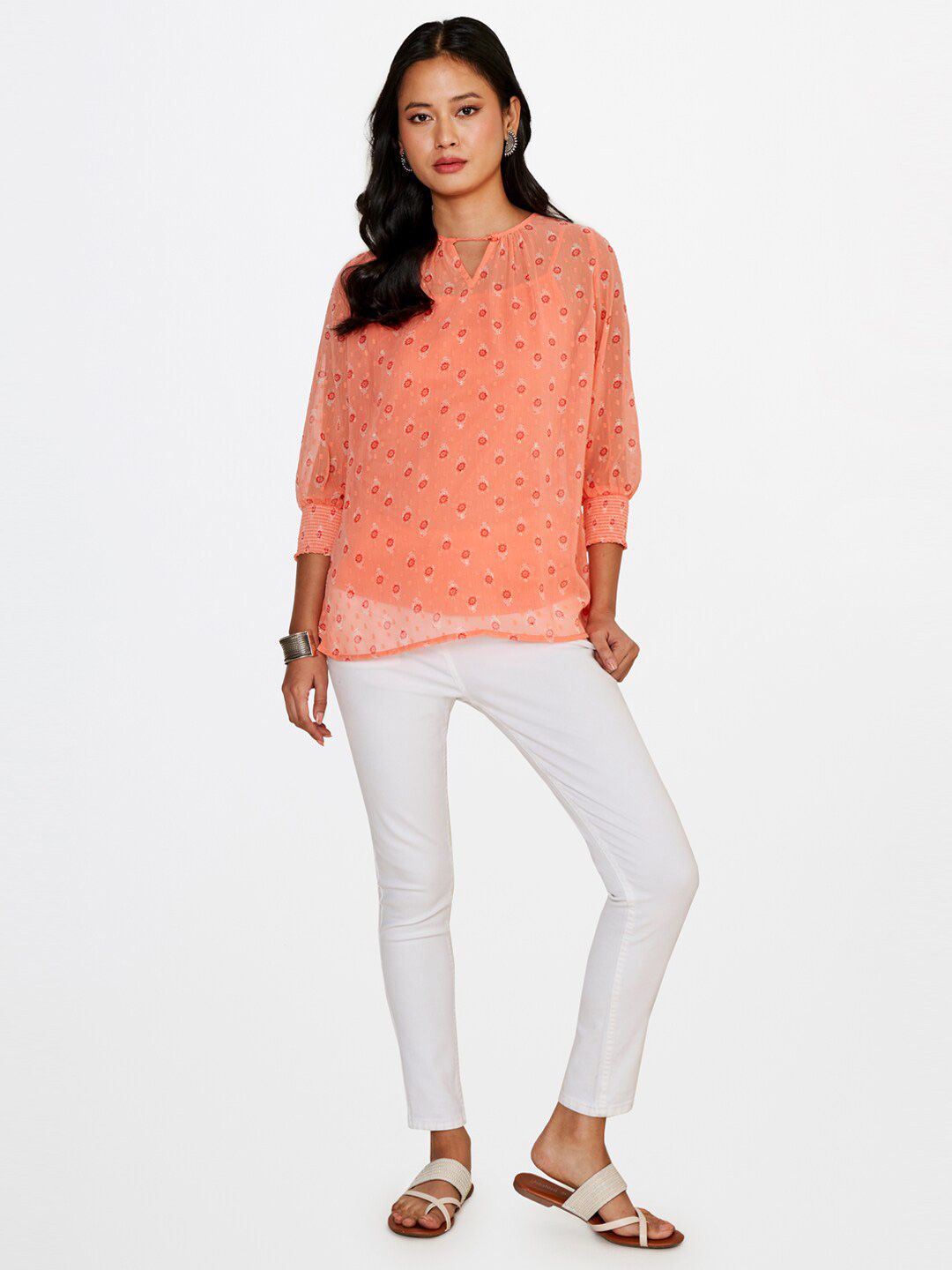 Global Desi Keyhole Collar Floral Print Shirt Style Top