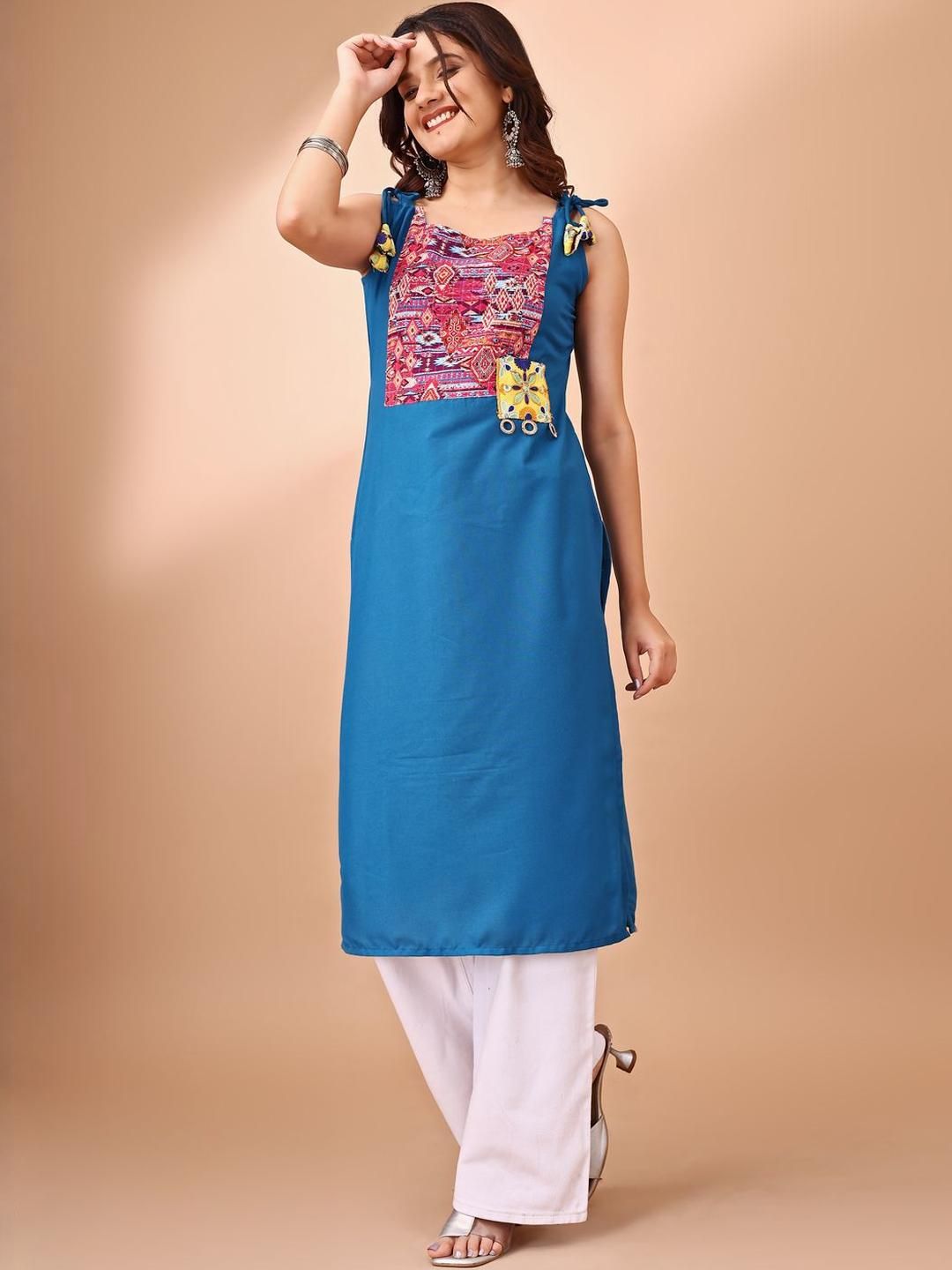 Kalini Women Rayon Patch Work Shouler Strep Summer Sleeveless Kurta