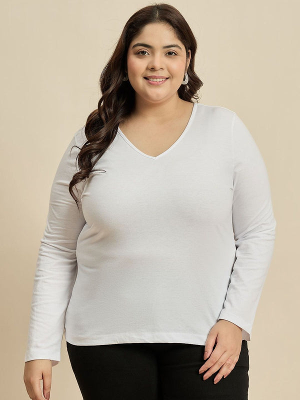 CURVY STREET Women Solid V-Neck Cotton Plus Size T-shirt