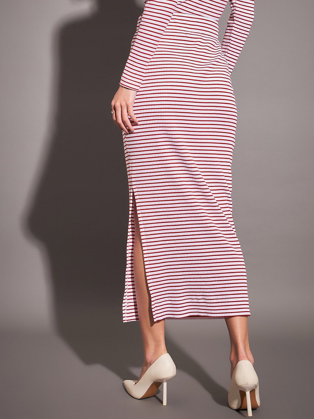 SASSAFRAS Red & White Striped Pencil Midi Skirt