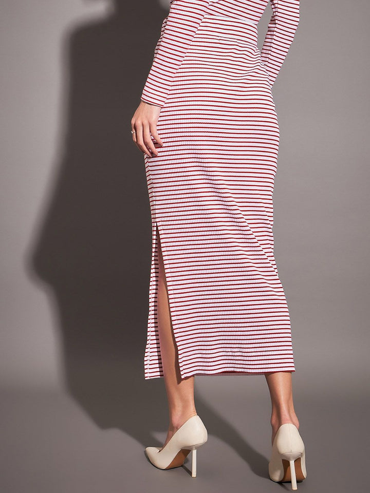 SASSAFRAS Red & White Striped Pencil Midi Skirt