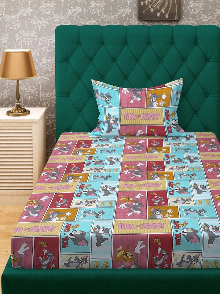 Myntra Elegant Homes Multicoloured Cartoon Characters 400 TC Single Bedsheet with 1 Pillow Covers