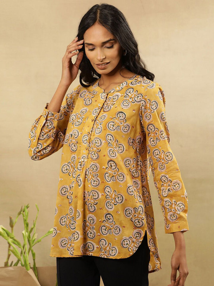 Folk Song  Mandarin Collar Printed Long Sleeves Cotton Top