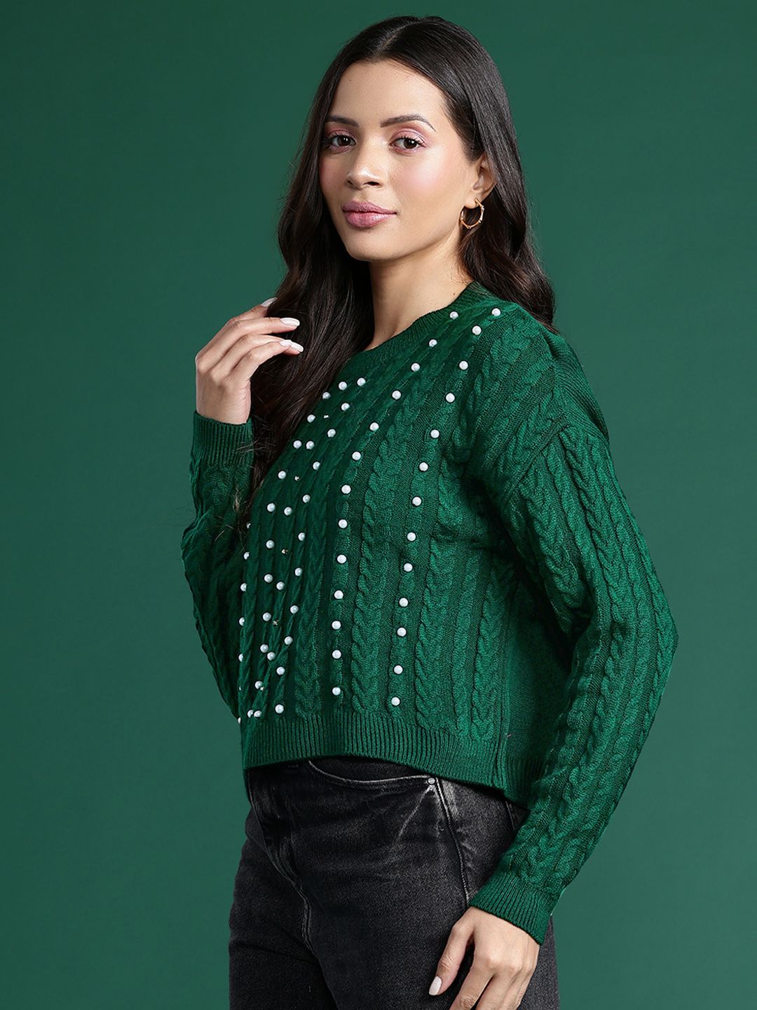 DressBerry Cable Knit Pullover with Embellished Detail