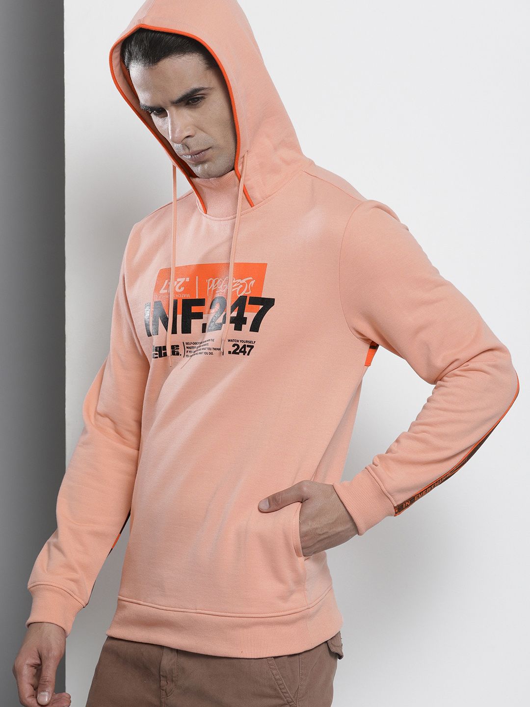 The Indian Garage Co Men Peach-Coloured Printed Hooded Sweatshirt