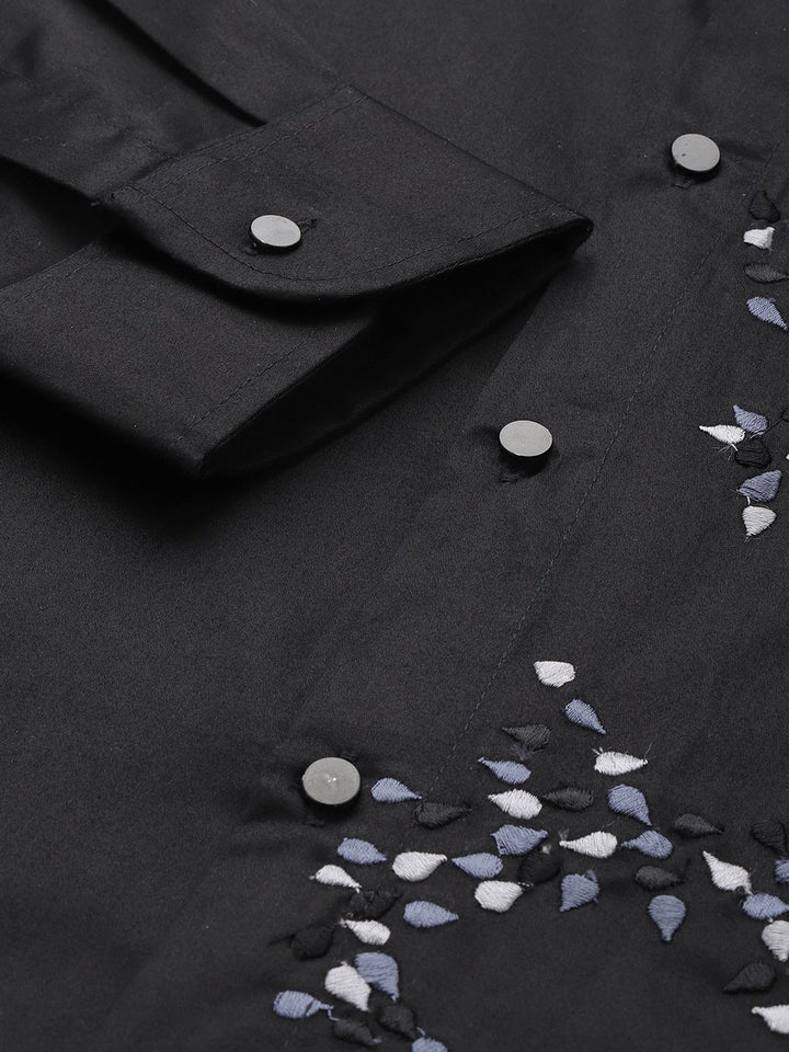 House of Pataudi Pure Cotton Floral Embroidered Opaque Party Shirt