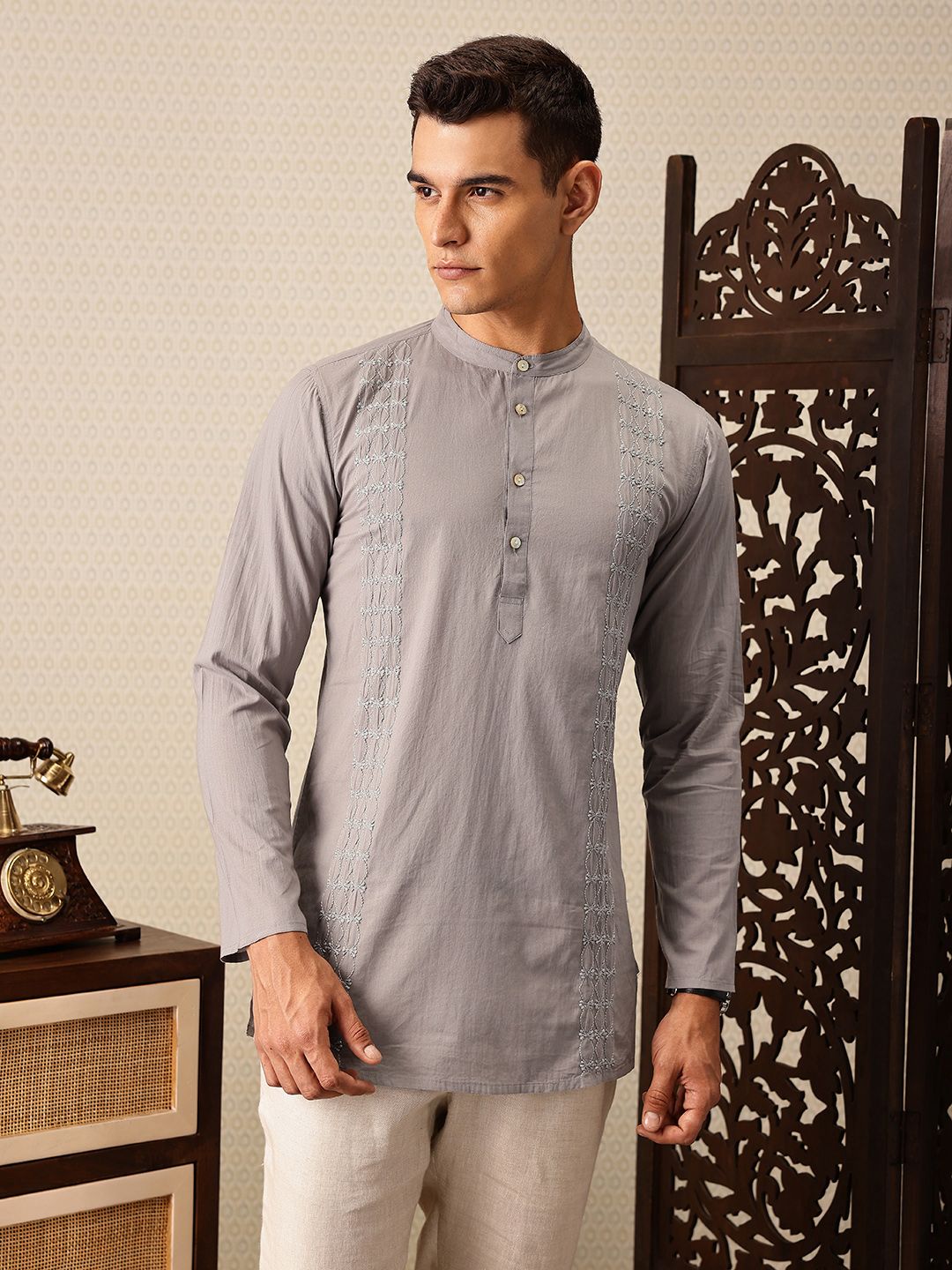House of Pataudi Floral Embroidered Band Collar Thread Work Pure Cotton Jashn Kurta