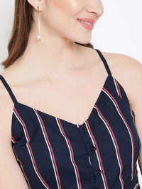 Berrylush Women Navy Blue Candy Striped Crop Top