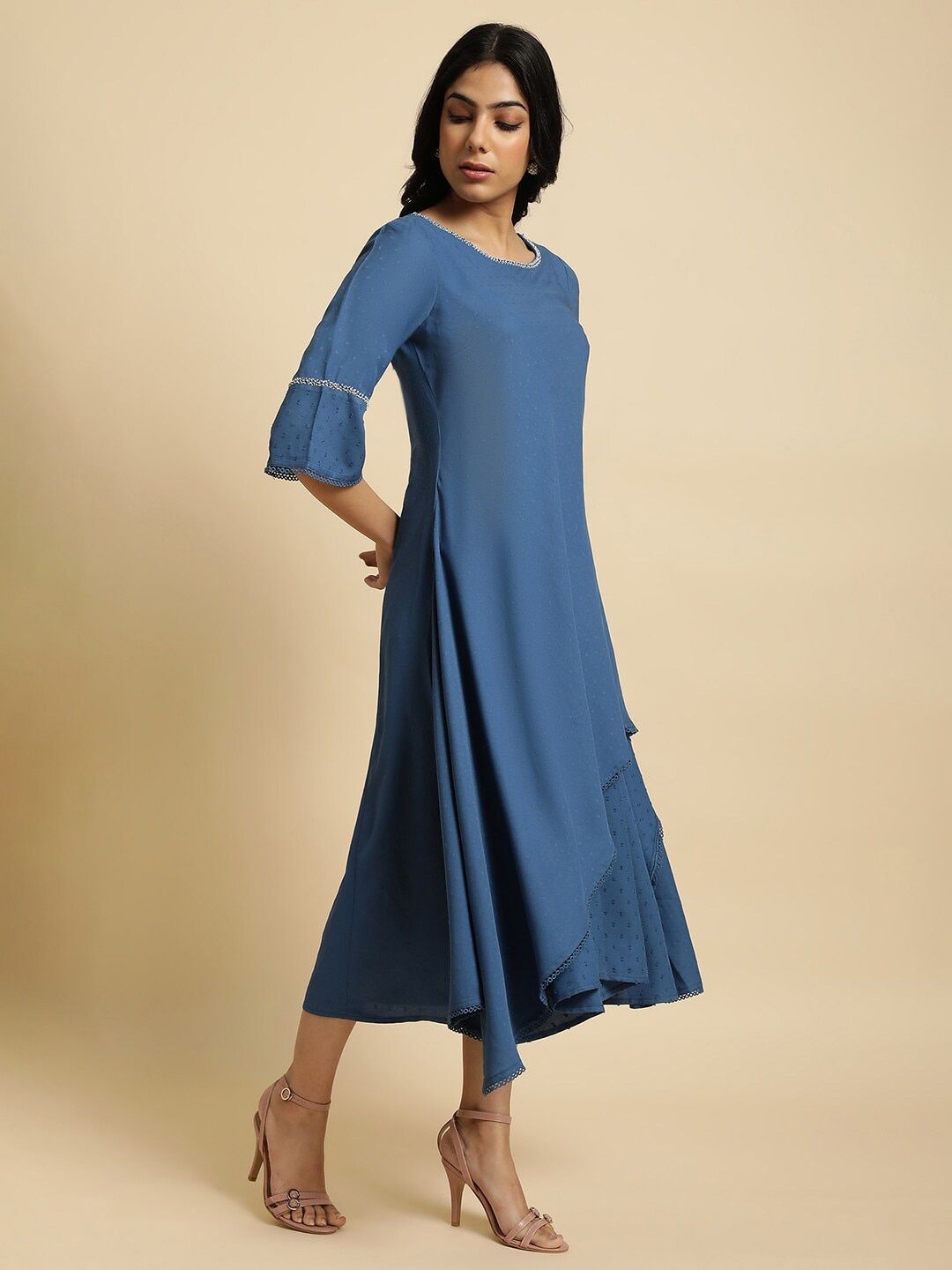 W Blue Bell Sleeves Layered  A-Line Midi Dress