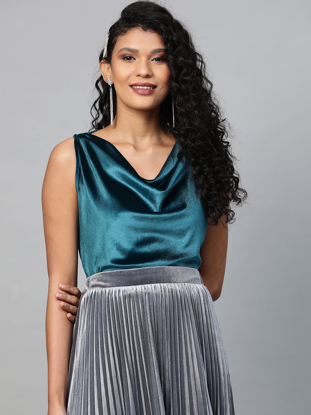 SASSAFRAS Teal Blue Velvet Finish Cowl Neck Top