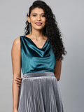 SASSAFRAS Teal Blue Velvet Finish Cowl Neck Top
