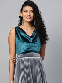 SASSAFRAS Teal Blue Velvet Finish Cowl Neck Top