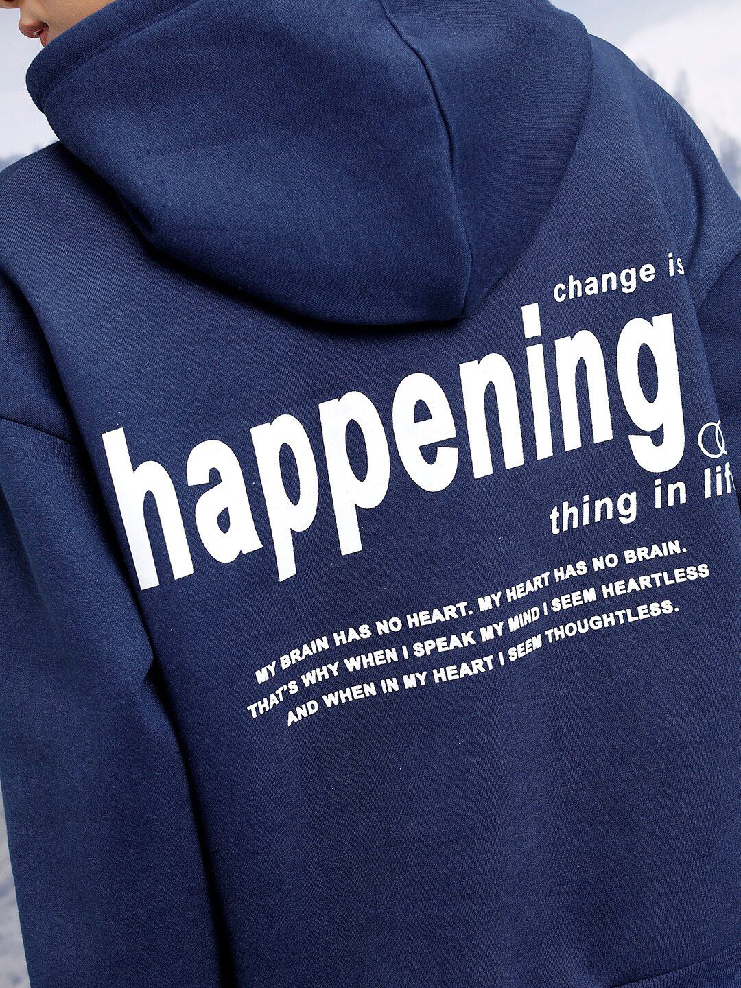 Tokyo Talkies Navy Blue Typography Printed Hooded Oversized Pullover