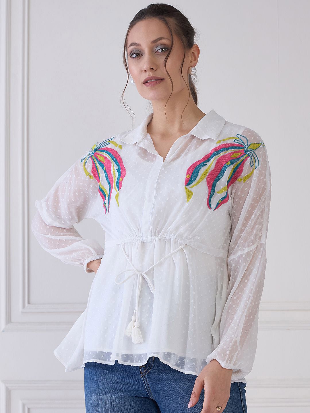 Antheaa Striped Puff Sleeve Chiffon Cinched Waist Top