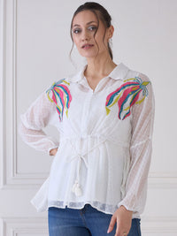 Antheaa Striped Puff Sleeve Chiffon Cinched Waist Top