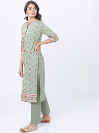 Vishudh Women Olive Green & Pink Printed Straight Kurta