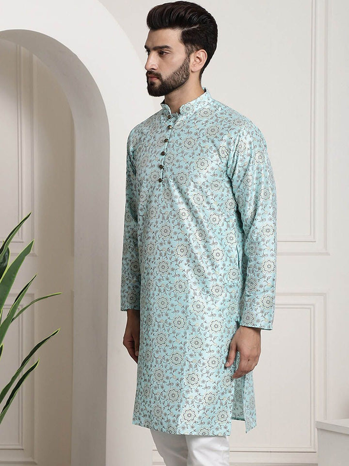 SOJANYA Floral Woven Design Mandarin Collar Silk Cotton Kurta