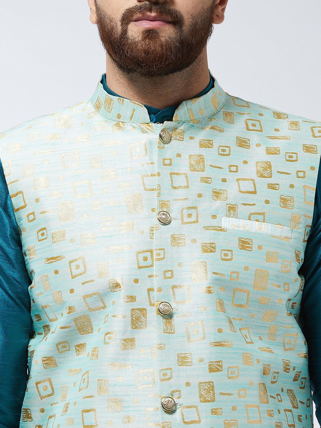 SOJANYA Mandarin Collar Straight Kurta with Churidar with Printed Nehru Jacket