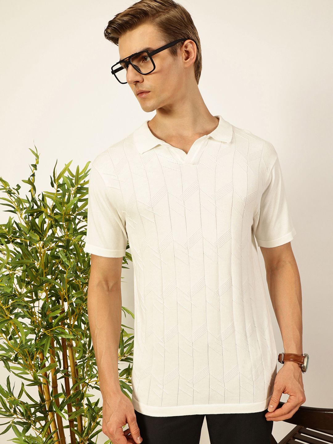 Thomas Scott Men Self Design Regular Fit Knitted Polo T-shirt