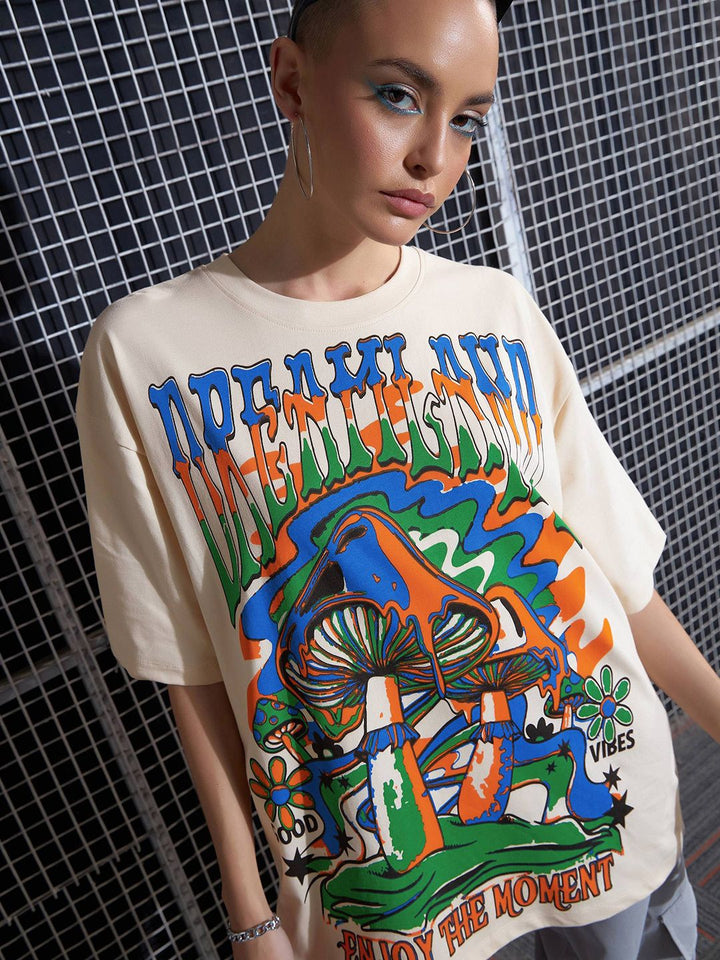 SASSAFRAS Graphic Printed Drop-Shoulder Oversized Pure Cotton T-shirt