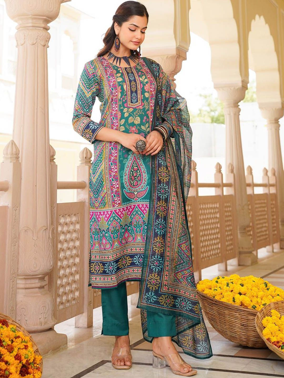 KALINI Women Floral Printed Regular Kurta with Trousers & With Dupatta