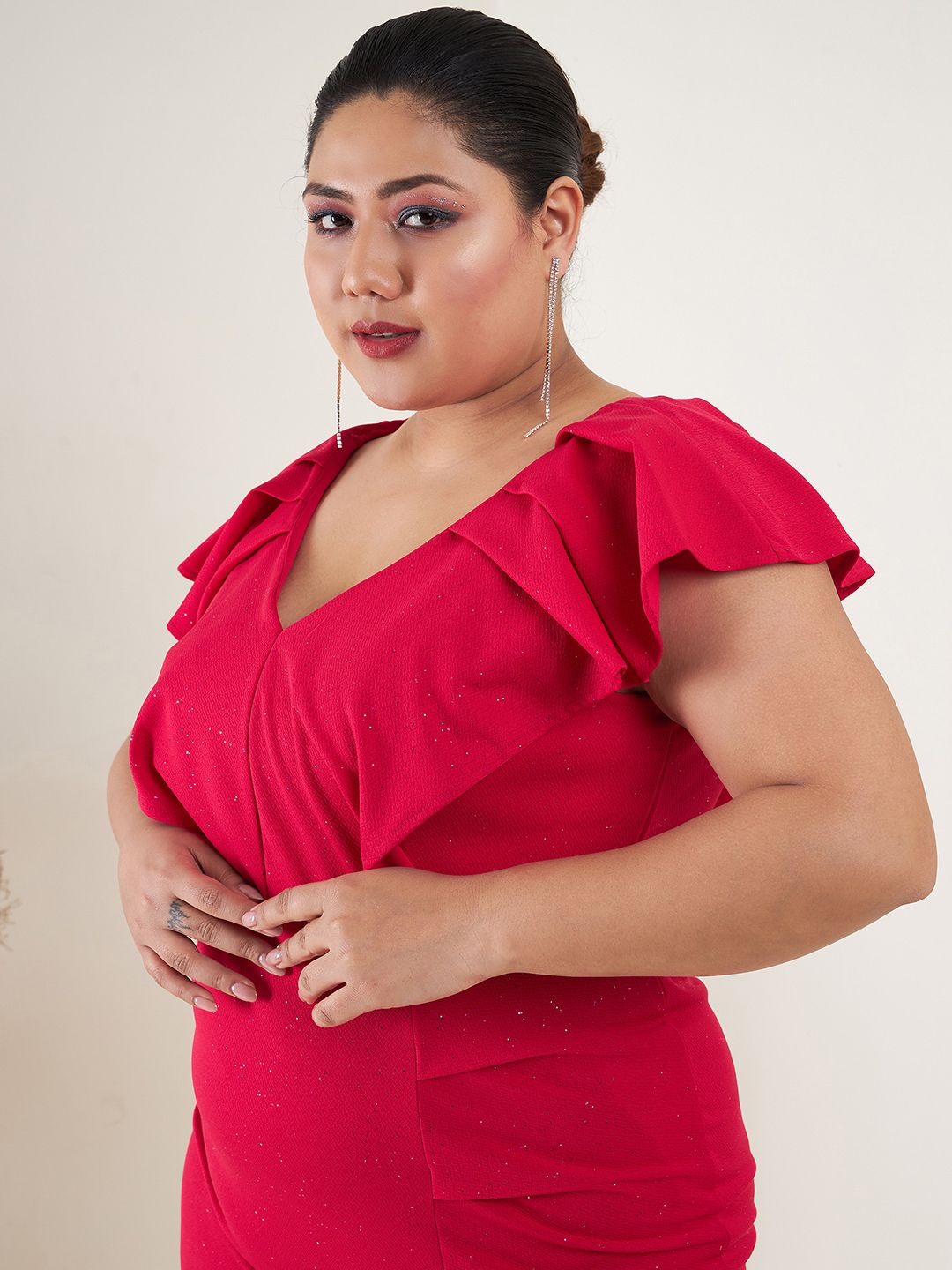 SASSAFRAS Curve Plus Size V-Neck Ruffled Slit Sheath Dress
