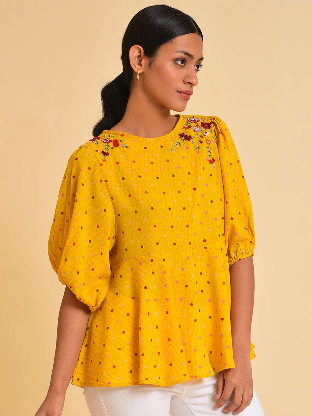W Yellow Polka Dots Printed Puff Sleeves Embeoidered Pepium Top