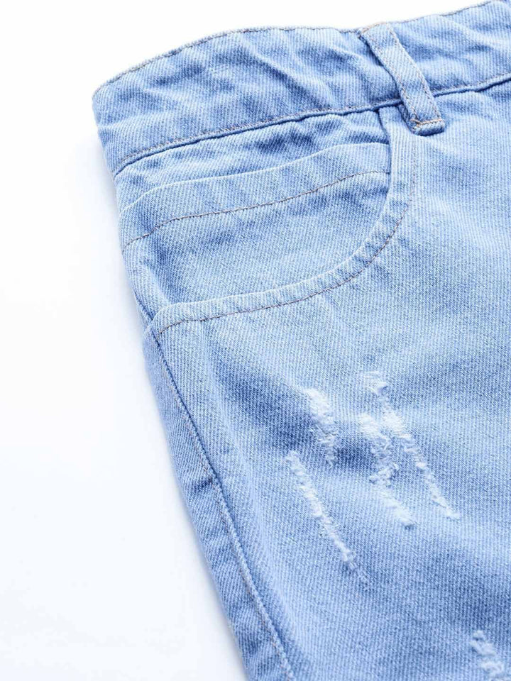 SASSAFRAS Women Blue Washed High-Rise Distressed Denim Shorts