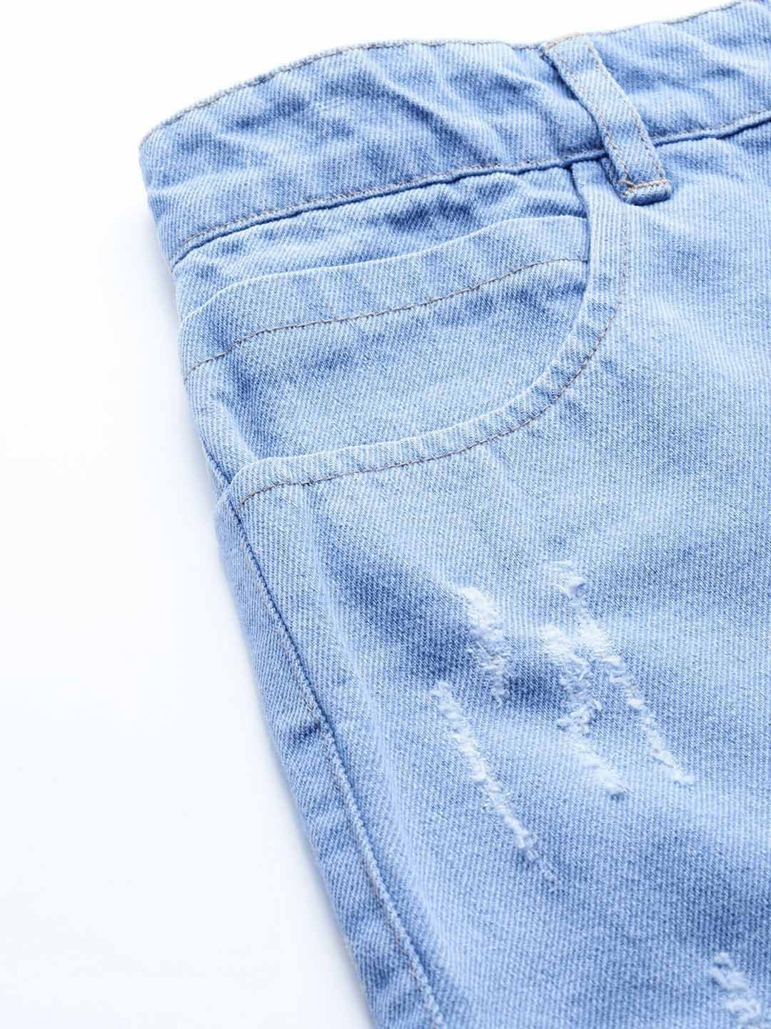 SASSAFRAS Women Blue Washed High-Rise Distressed Denim Shorts