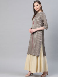 W Women Taupe & Golden Zari Woven Design Straight Kurta