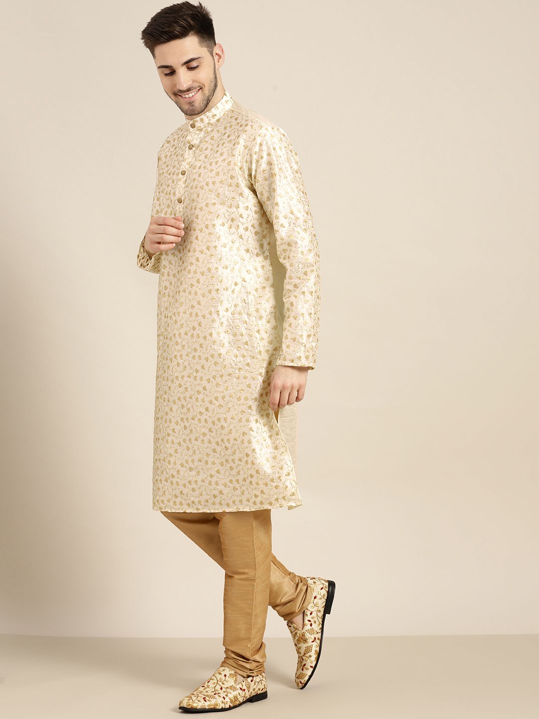 SOJANYA Men Beige & Gold-Toned Floral Kurta