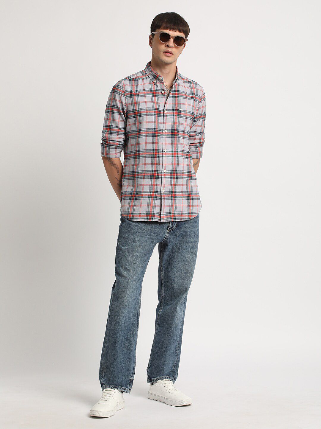 THE BEAR HOUSE Slim Fit Button-Down Collar Tartan Checked Pure Cotton Casual Shirt