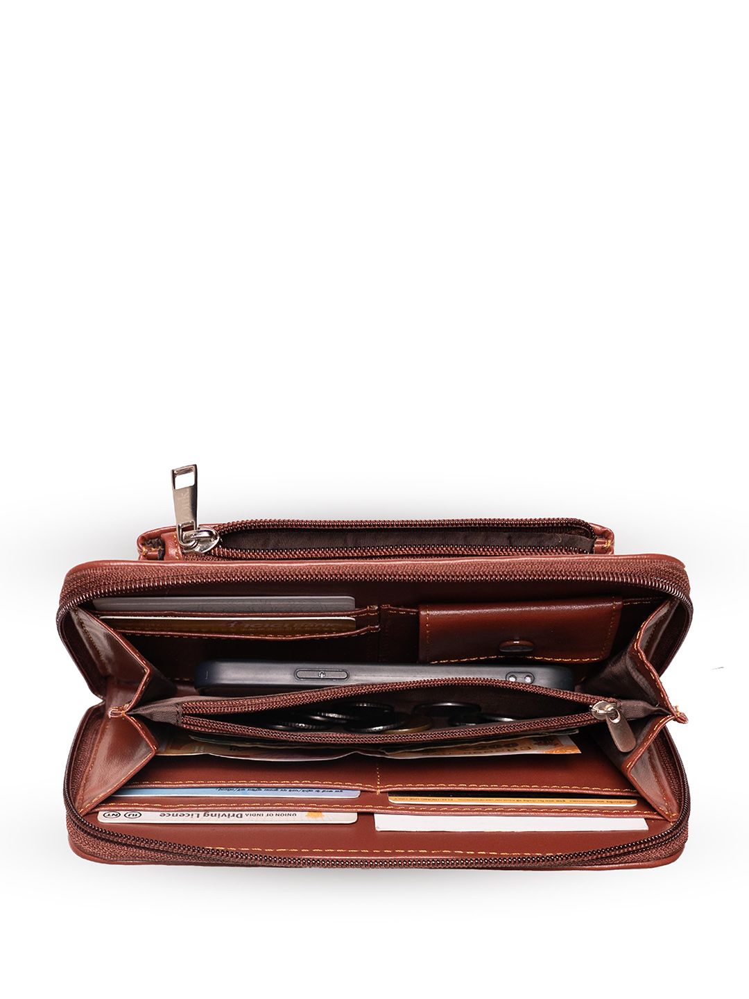 ZOUK Women Brown & Yellow Printed Zip Around Vegan Leather Wallet