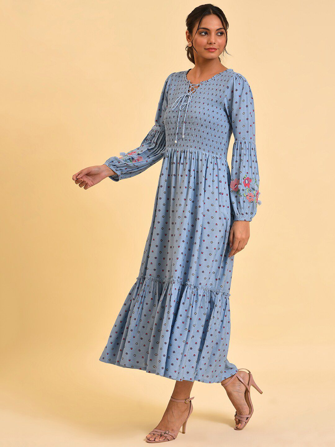 W Blue Floral Printed Smocked Maxi Dress