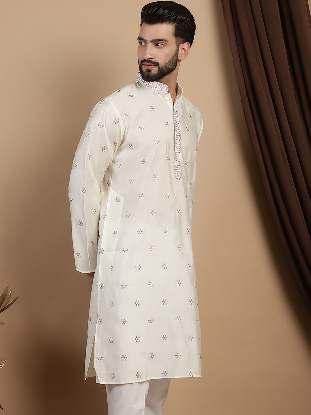 Anouk Floral Cotton Silk Mandarin Collar Kurta