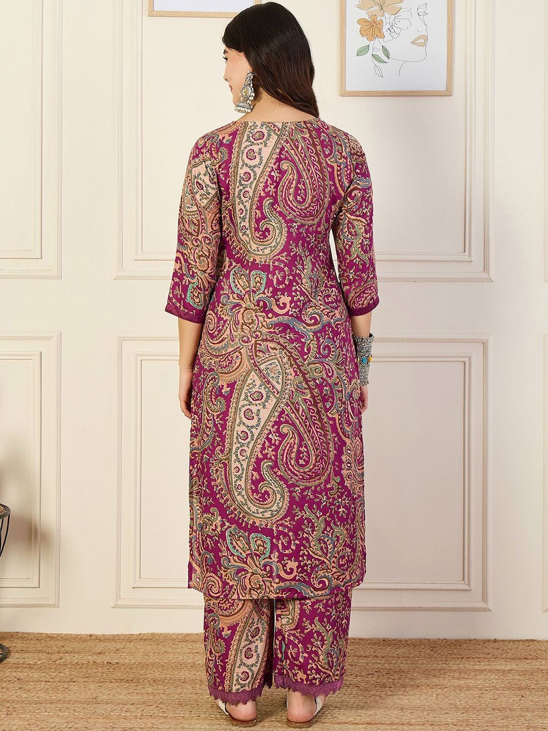 KALINI Notch Neck Paisley Printed Straight Kurta with Trousers