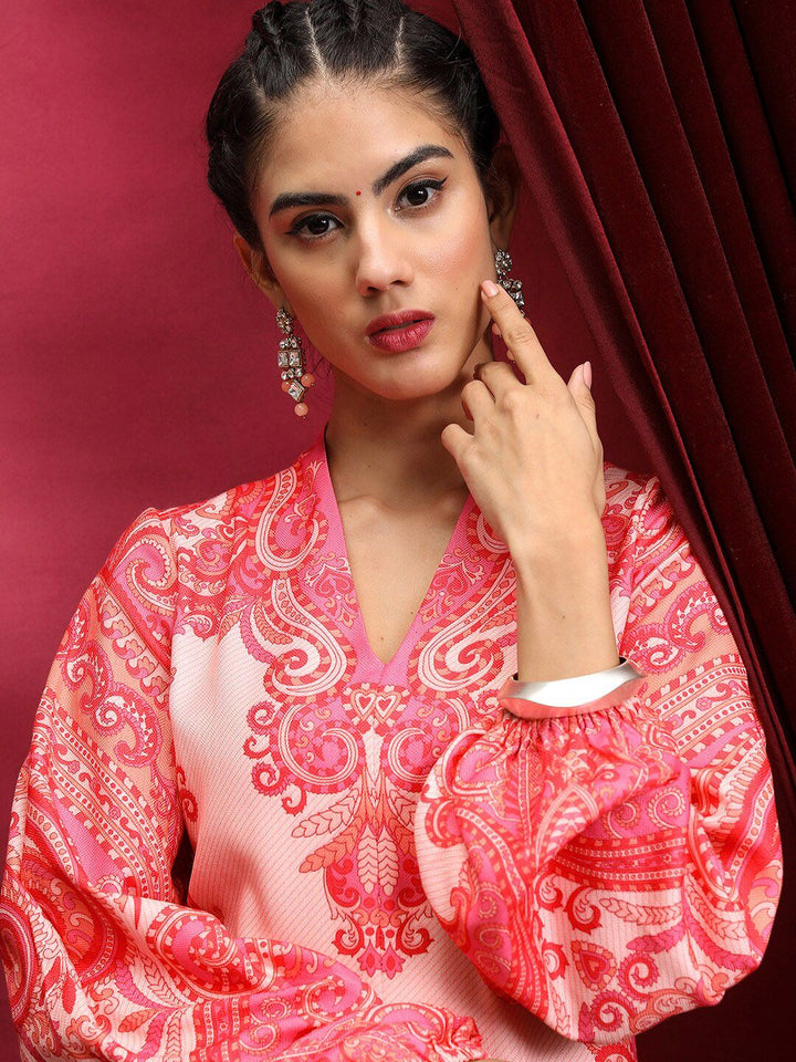 Vishudh Pink Ethnic Motifs Printed V-Neck Straight Kurta with Palazzos