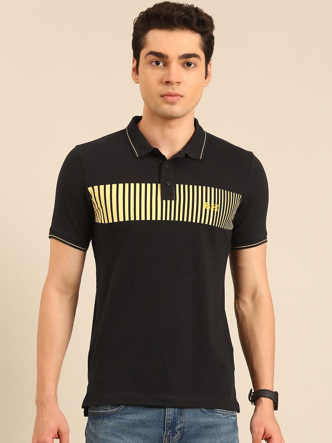 Being Human Striped Polo Collar Pure Cotton T-shirt