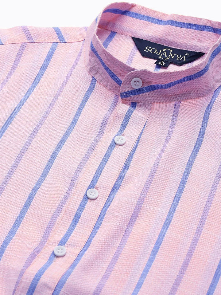 SOJANYA Men Pink & Blue Pure Cotton Striped Kurta