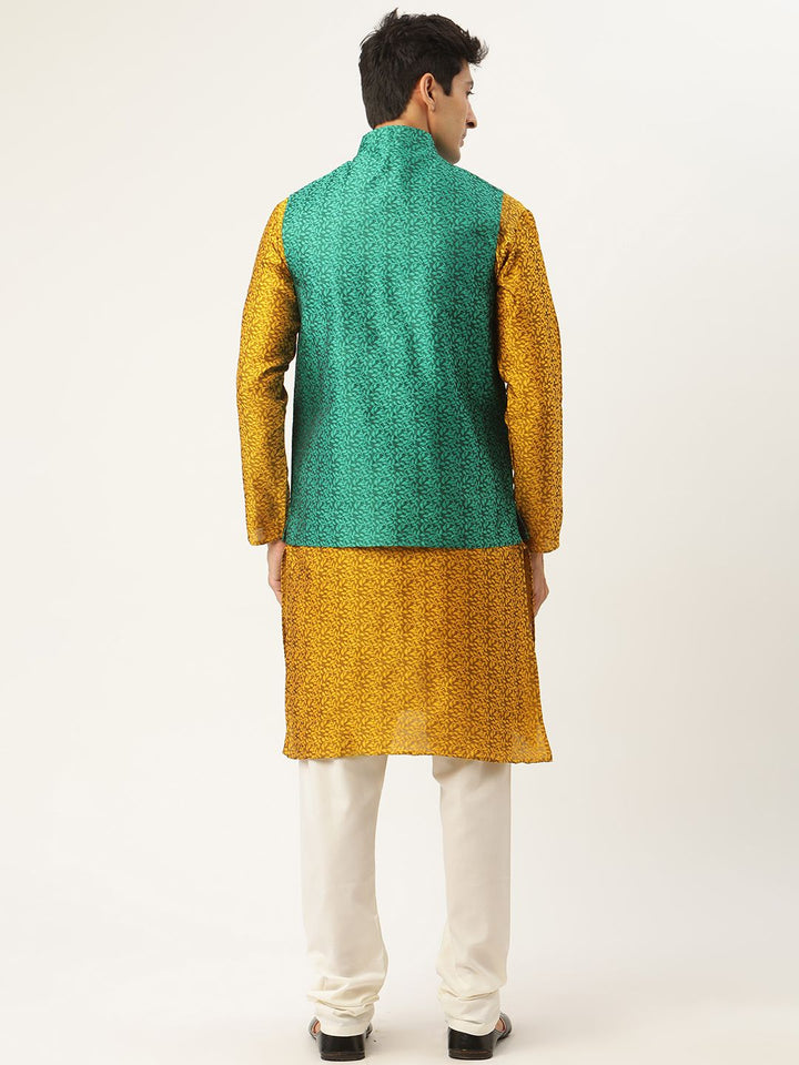 SOJANYA Men Mustard Yellow Jacquard Silk Kurta with Churidar & Nehru Jacket