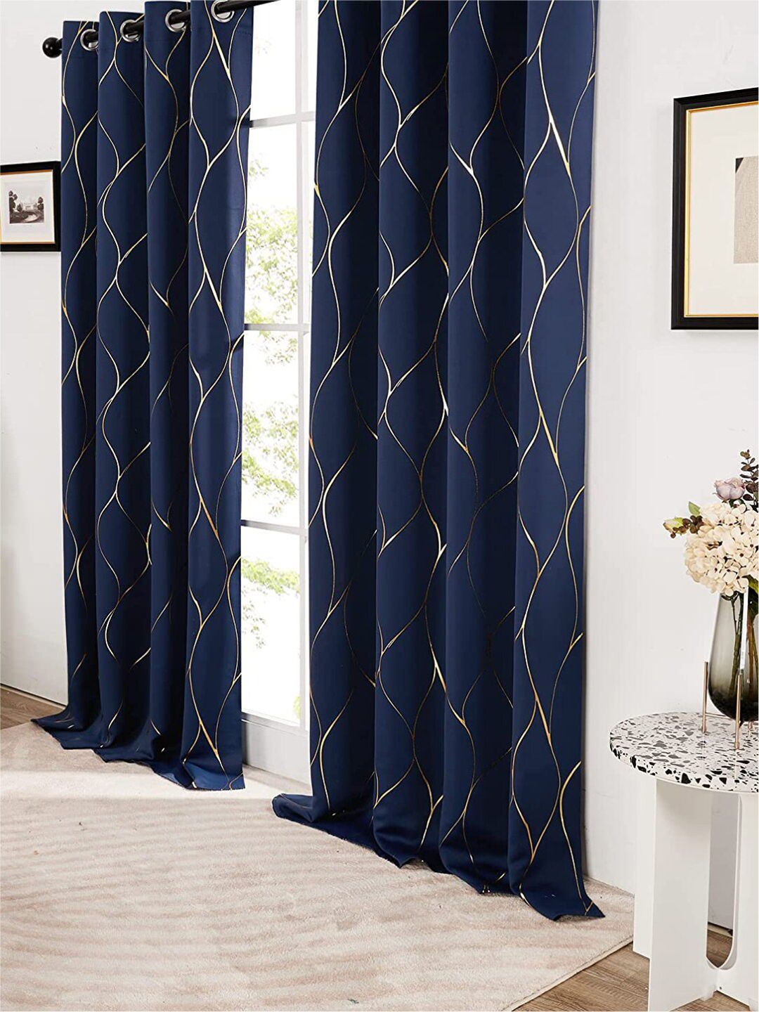 URBAN SPACE Navy Blue & Gold-Toned Black Out Door Curtain