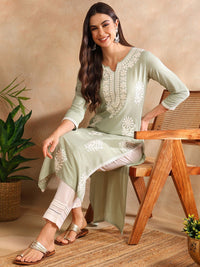 KALINI Floral Embroidered Notch Neck Chikankari Straight Kurta