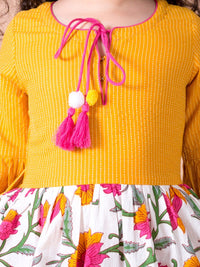pspeaches Yellow & White Floral Tie-Up Neck Cotton Dress