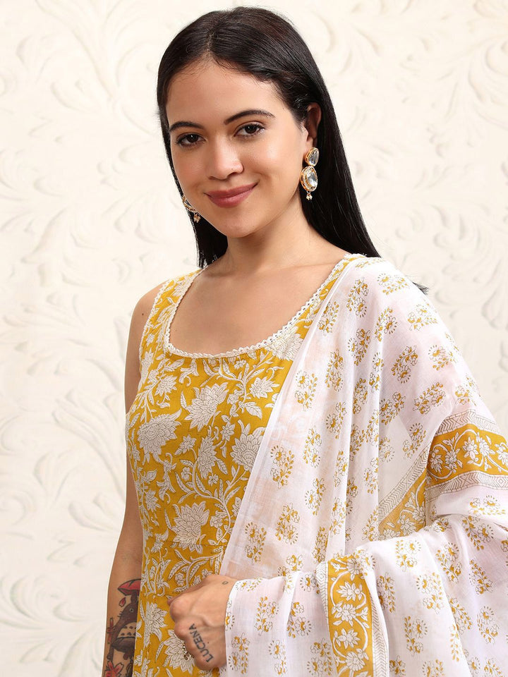 Vishudh Yellow Printed Sleevsless Pure Cotton Anarkali Kurta With Trousers & Dupatta