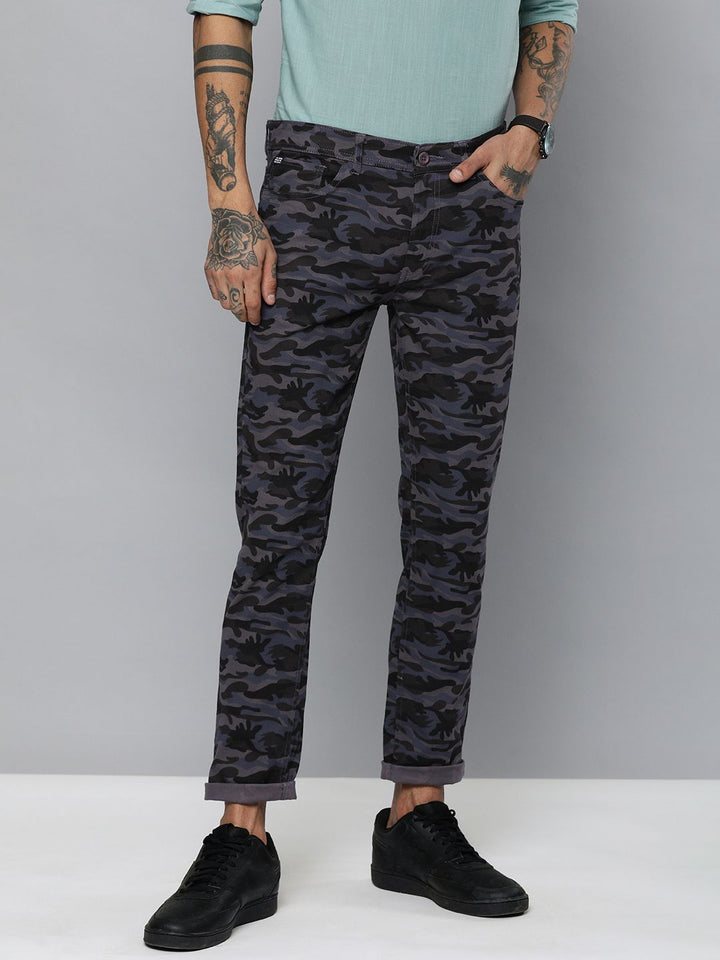 The Indian Garage Co Men Charcoal Grey Camouflage Printed Slim Fit Chinos