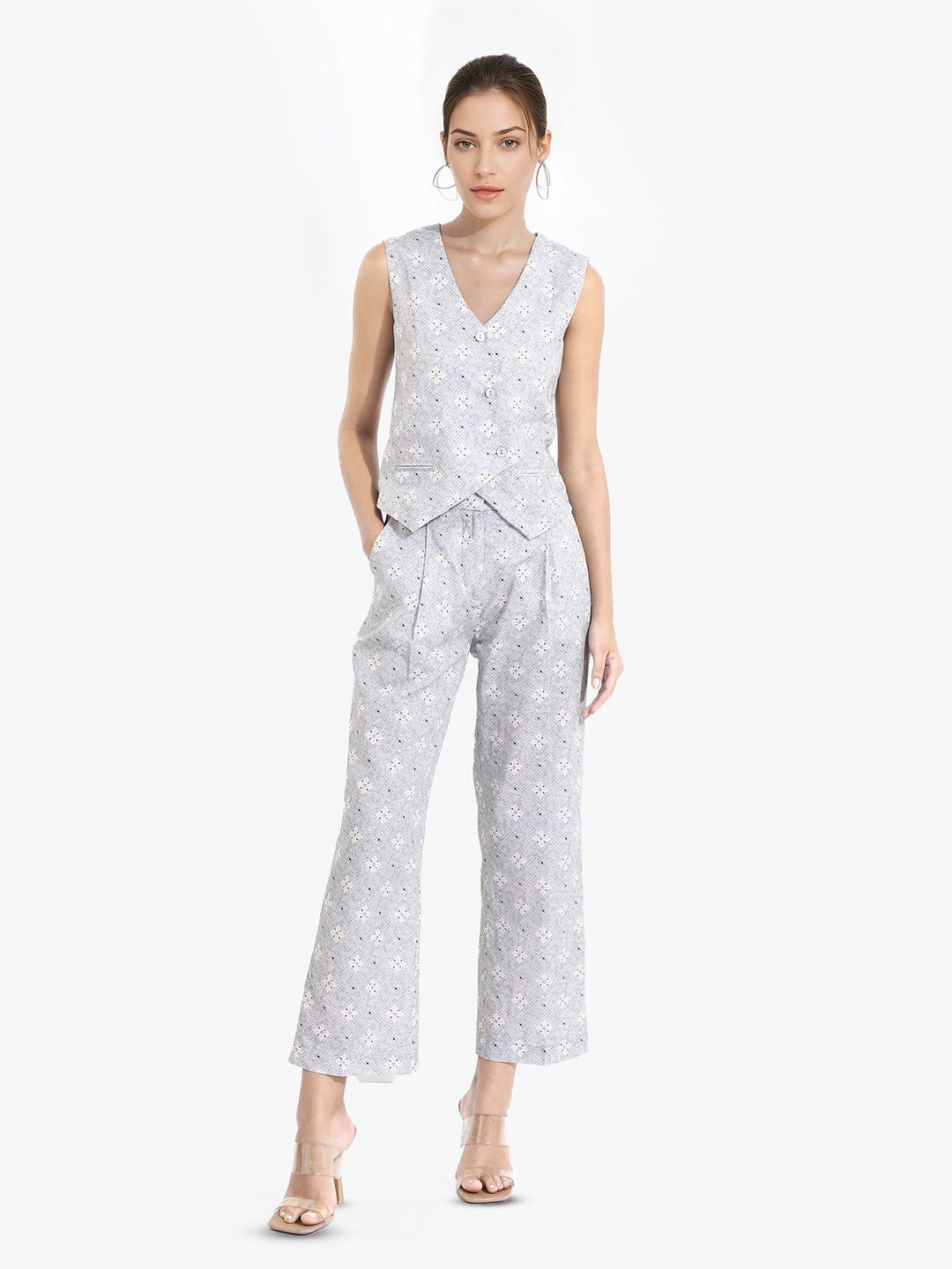 Rareism Women Floral Printed Lengan Tanpa V-Neck Wrap Top