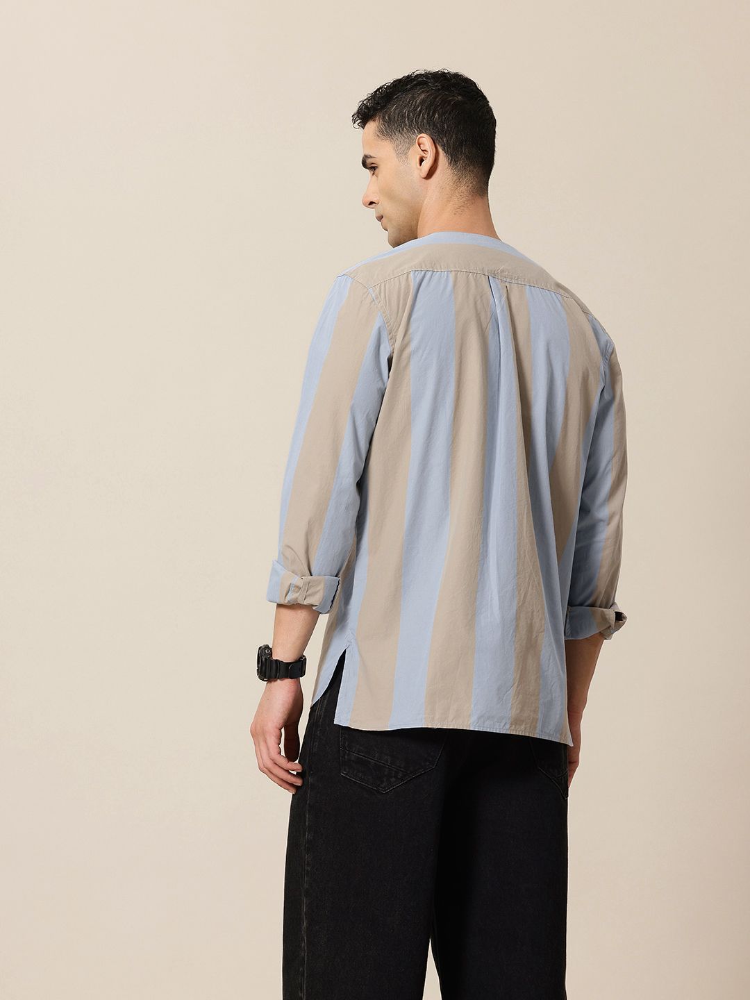 Mr Bowerbird Pure Cotton Collarless Striped Liberal Fit Casual Shirt