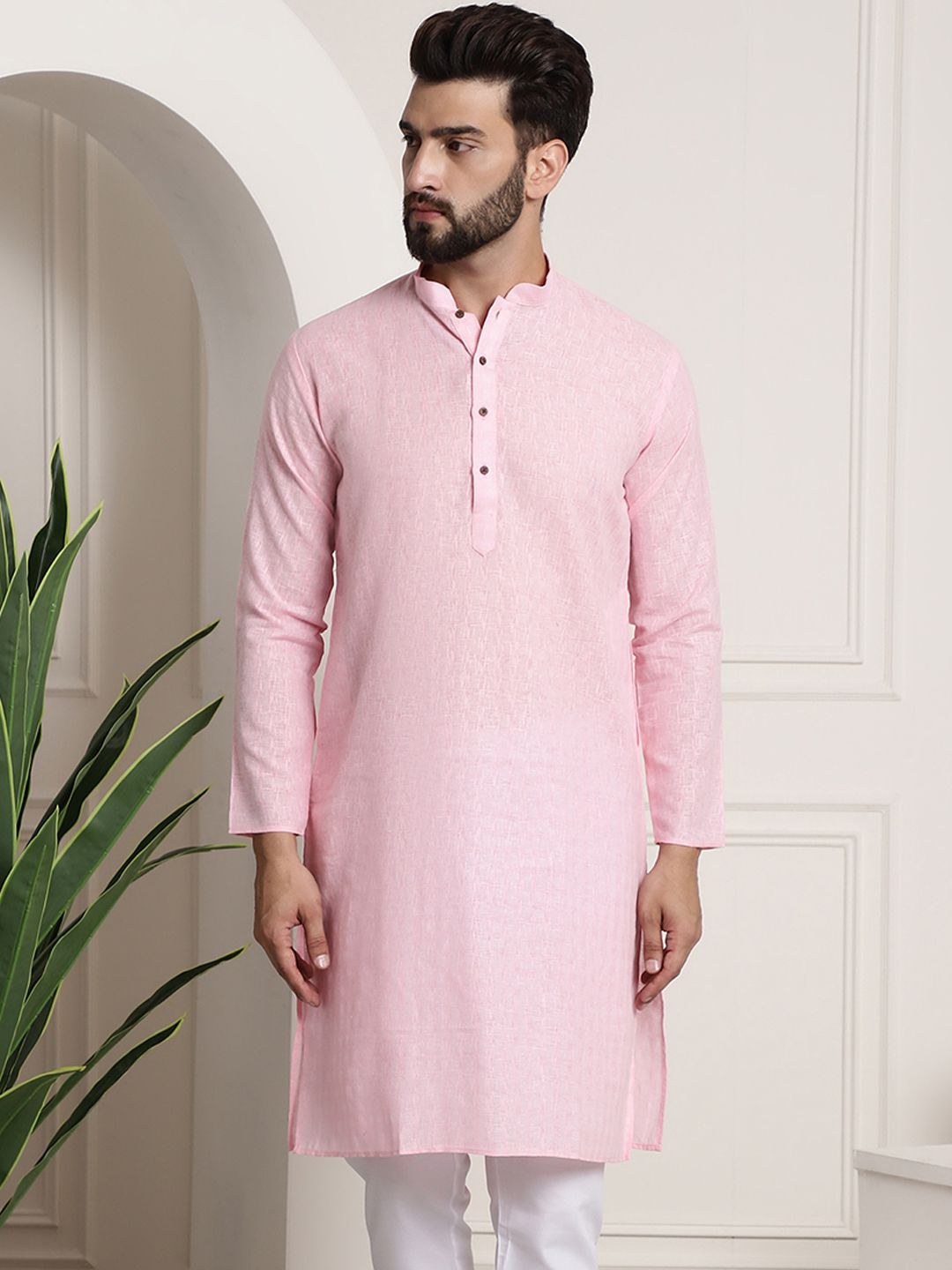 SOJANYA Men Pink Thread Work Dobby Kurta